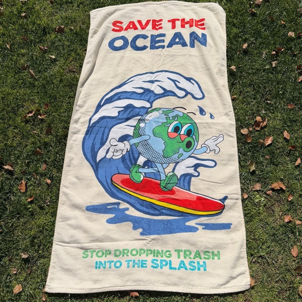 Save The Ocean Novelty Beach Towel No Trash in the Splash Cotton Blend 30x57 GUC
